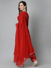 Women's Printed & Embroidered Naira Cut Kurta Pant Dupatta Set-KPDGERMANRED